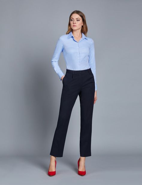 Women’s Navy Twill Trousers Formal Pants And Shirt For Women, Formal Shirt And Trouser For Women, Work Outfits Women Trousers, Formal Pant For Women, Shirt Trouser Women, Formal Shirts Women Work Outfits, Dark Blue Trousers Outfit Women, Navy Slacks Outfit Women, Navy Pants Outfit Women