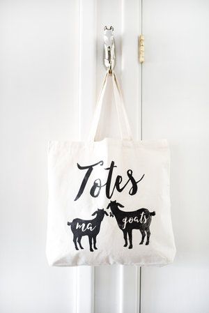 This DIY totes ma goats bag is the perfect gift for goat lovers!  Before I had Elders & Buckwheat, I always loved the saying, 'totes ma  goats'. I am sure some people probably found/find the use of it quite  obnoxious, but I blame it on my deep love of goats.   My girlfriends and I started a 'book club' up at the ranch, and while we  occasionally discuss books, we really just craft. Last week, we made a few  darling tote bags for ourselves and for friends - I knew I ... Diy Totes, Totes Ma Goats, Raising Goats, Diy Tote, Goat Lover, Diy Tote Bag, Clothes Crafts, The Ranch, Cute Gift