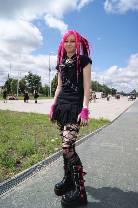 goth gothic alternative synthetic dreads pink black hair skirt top ripped tights boots gloves Cybergoth Aesthetic, Pink Goth, Mall Goth, Pink Hair, Boots, Hair, Pink, Black