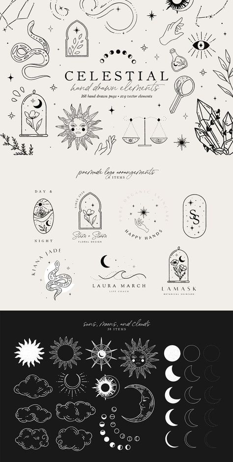 Tattoo Simplistic, Branding Wall, Magic Logo, Spiritual Logo, Stars Constellations, Celestial Tattoo, Celestial Elements, Magic Theme, Celestial Magic