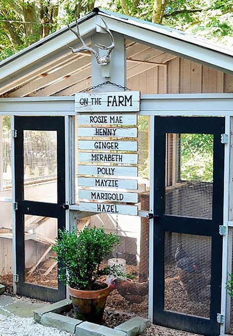 These ideas will definitely give your hens something to cluck about. Painted Chicken Coop Ideas Hen House, Chicken Coop Name Signs Diy, Chicken Coop Decoration Ideas, Unique Chicken Run Ideas, The Breakfast Club Chicken Coop Sign, Metal Chicken Coop Decorating Ideas, Decorating A Chicken Coop, Chicken Coop Shed Interior, Farm Decorating Ideas