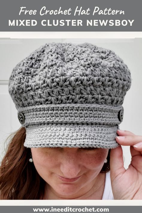 Looking for an easy free crochet hat pattern? Check out the Mixed Cluster Newsboy by I Need It Crochet Designs. #freecrochetpattern #freecrochethatpattern #crochethatpattern #crochethatpatternforwomen #crochethatpatternfreeeasy Newsboy Hat Pattern, Crochet Newsboy Hat, Crochet Summer Hats, Crochet Slouchy Hat, Crochet Cowl Pattern, Womens Crochet Patterns, Crochet Hat Free, Crochet Gratis, Newsboy Hat