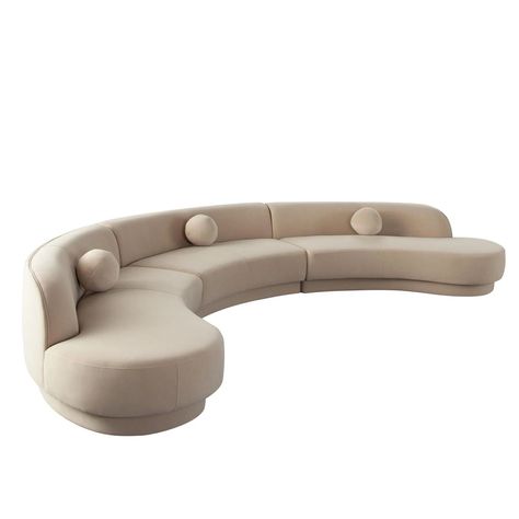 The Zelda 3PC Curved Modular Collection by Diamond Sofa oozes a sophisticated & chic vibe with its sensuous curves, low profile seating & modular configurability. Covered in a Camel Performance Velvet fabric, the Zelda collection is truly Fashion + Function. Seating Height is 16.5 Inches. Zelda Collection inclu Curved Modular Sofa, Goa Villa, Zelda Collection, Sofa Curved, Circle Sofa, Curvy Sofa, Curved Sectional, Sofa Dimension, Buy Sofa