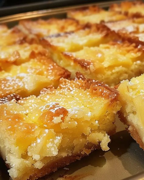 Pineapple Bliss Bars Pineapple Cake Bars Recipe, Baking Recipes With Pineapple, Easy Bar Dessert Recipes, Heavenly Bars Recipes, Pineapple Baking Recipes, Pineapple Cheesecake Bars, Desserts With Cookie Crust, Brownies And Bars, Pineapple Cake Bars