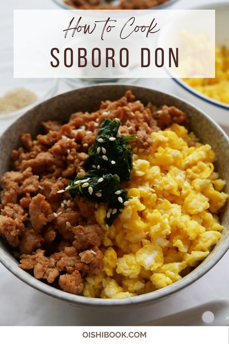 Indulge in the sweet and savory flavors of Soboro Don, a Japanese rice bowl with seasoned ground chicken and scrambled eggs. My recipe is easy to follow and will leave you craving for more. Try it now!💚 Japanese Chicken Rice Bowl, Ground Chicken And Eggs, Japanese Scrambled Eggs, Ground Chicken Breakfast Recipes, Soboro Don, Ground Pork Rice Bowl, Breakfast Rice Bowl, Ground Chicken Recipes Healthy, Breakfast Fried Rice