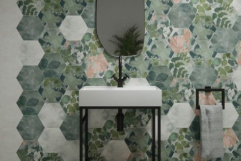 Jungle Theme Bathroom, Green Hexagon Tile, Hexagon Kitchen, Jungle Bathroom, Loft Bathroom, Bathroom Aesthetic, Large Format Tile, Bathroom Tile Designs, Hexagon Tiles