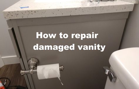 How to repair damaged bathroom vanity DIY video #diy #vanity #bathroom #repair #homerepairs #homerenovations #renovation #reno #remodel #bathroomremodel Diy Vanity Bathroom, Bathroom Vanity Diy, Vanity In Bathroom, Vanity Diy, Bathroom Repair, Siding Repair, Caulk Tape, Diy Bathroom Vanity, Old Bathroom