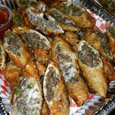 Philly Cheese Steak Aesthetic, Philly Steak Egg Rolls, Soul Food Egg Rolls, Philly Cheese Steak Eggrolls, Philly Egg Rolls, Steak And Cheese Egg Rolls, Philly Cheese Steak Egg Rolls, Soul Rolls, Cheese Steak Egg Rolls