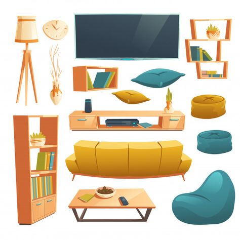 Vector set of cartoon furniture for livi... | Free Vector #Freepik #freevector Cartoon Furniture, Living Room Cartoon, Drawing Furniture, Gacha Props, Episode Interactive Backgrounds, Bedroom Drawing, Episode Backgrounds, Modern Living Room Interior, Futuristic Home