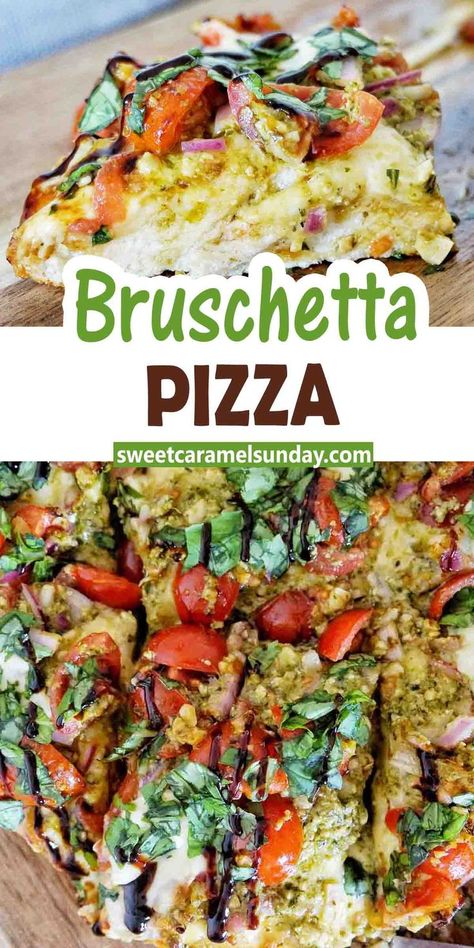 Bruschetta pizza drizzled with balsamic glaze on timber board with text over lay Healthy Bruschetta, Bruschetta Pizza, Pizza Oven Recipes, Crostini Recipes, Bite Size Food, Bruschetta Recipe, Pizza Recipes Easy, Weeknight Dinner Recipes Easy, Pizza Recipes Homemade