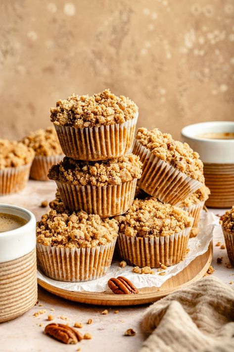 Beautiful brown butter studded apple muffins made with with chunks of juicy apples AND applesauce! A touch of brown sugar, maple syrup and a crunchy cinnamon pecan streusel will have you coming back again and again! And the apple muffins stay moist for days! Make these, you won't regret it. Best Bakery Muffins, The Best Apple Muffins, Fall Apple Muffins, Brown Butter Muffins, Fall Mini Muffins, Apple And Cinnamon Muffins, Bakery Style Apple Muffins, The Best Muffin Recipes, Muffin Recipes Fall