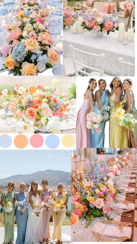 April Wedding Colors, Pastel Wedding Theme, Wedding Theme Color Schemes, Wildflower Wedding Theme, Multicolor Wedding, Wedding Collage, Wedding Motifs, Wedding Backdrop Design, Light Blue Wedding