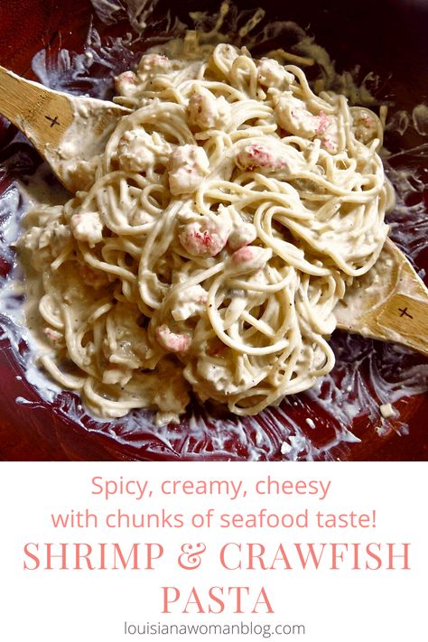 This delicious cheesy seafood pasta dish is spiked with Jalapeño pepper and a little or a lot of Cajun seasoning. #shrimpandcrawfishpasta Shrimp Fettuccine Recipes, Shrimp And Crawfish, Crawfish Pasta, Classic Cajun Recipes, Seafood Pasta Dishes, Crawfish Recipes, Louisiana Woman, Cajun Spice, Seafood Pasta Recipes