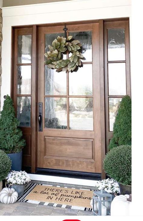 4 Window Pane Front Door, Craftsman Entry Door, Farmhouse Front Door With Side Lights, Flemish Glass Front Door, Walnut Stained Front Door, Farmhouse Portico, Farmhouse Doors Exterior Front Entrances, Entryway With Window, Front Double Door Ideas