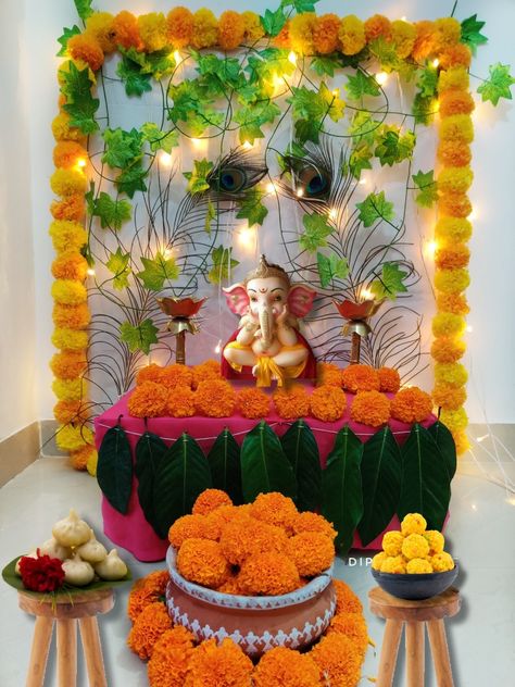 Ganpati decoration Ideas for home | Ganesh Chaturthi Decoration | Pooja backdrop decoration | Pooja background decoration | Eco friendly Ganpati decoration ideas for home Ganpati Sthapna Decoration, Home Opening Decoration Flower, Ganesh Chaturthi Decoration At Home Simple, Pooja Background Decoration, Ganeshji Decoration, Pooja Backdrop Decoration, Pooja Background, Pooja Backdrop, Ganapati Decorations