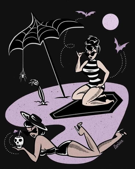 Halloween Pinups, Coffin Diy, Ghoul Summer, Spooky Beach, Halloween Pinup, Wrist Tattoo Designs, Summer Goth, Pinup Art, Retro Horror