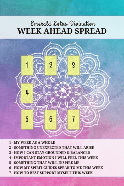 Tarot Spread - Week Ahead — Emerald Lotus Divination Oracle Card Spreads, Tarot Reading Spreads, Tarot Cards For Beginners, Learning Tarot Cards, Tarot Gratis, Tarot Guide, Tarot Card Spreads, Tarot Tips, Tarot Spread