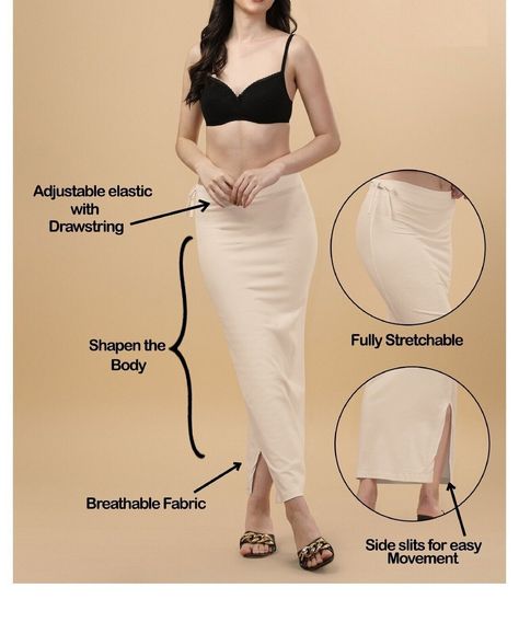 Beige Women Shapewear, Ladies Cotton Blended with Drawstring Rope for Saree Saree Shapewear, Clothing Fabric Patterns, Saree White, Women Shapewear, Thigh Band, Saree Looks, Saree Drape, Skirt Shapewear, India Women