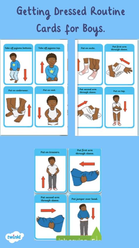 Getting Dressed Routine Cards for Boys. Preschool Sequence Activities, Dressing Visual Schedule Free Printable, Teaching Strategies Clothing Study, Dressing Board Occupational Therapy, Getting Dressed Visual Schedule, Apraxia Activities, Picture Schedule, Routine Cards, Core Words