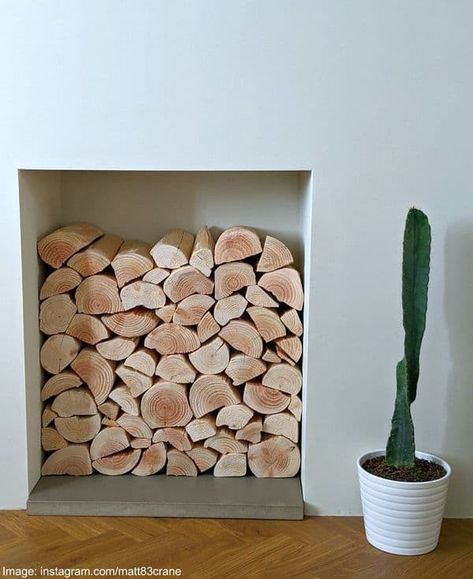 Stacked Logs In Fireplace, Wood In Fireplace Stacked, Playroom Fireplace, Empty Fireplace Ideas, Unused Fireplace, France Country, Log Wall, Fireplace Logs, Log Baskets