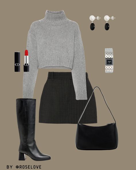 This chic grey and black outfit is your ultimate winter statement. The cozy turtleneck pairs perfectly with a sleek pinstriped skirt, creating a look that's both comfortable and sophisticated. Add black knee-high boots and minimalist black handbag for a touch of elegance. Finish the look with a bold red lip, and you're ready to take on the season with style and grace.

#FallChic #EffortlessStyle #CozyElegance #MinimalistFashion #OOTD Grey Turtleneck Outfit, Outfit Minimalist, Turtleneck Outfit, Fall Chic, Bold Red Lips, Black Knee High Boots, Grey Turtleneck, Black Handbag, Black Knees