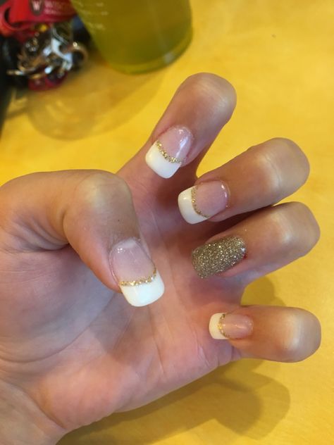 French Tips With Accent Nail, French Tip With Gold Line, White And Gold French Tip Nails, 2023 Wedding Nails, French Tip Nails With Gold, French Tip With Pearls, Gold French Manicure, Nails Glitter French, Nails With Gold Accent