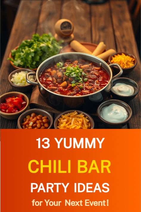 chili bar party ideas Chilli Bar Ideas Parties, Chilli Toppings, Bar Party Ideas, Chili Bar Party, Unique Chili, Unique Chili Recipes, Chili Party, Chill Bar, Toppings Bar