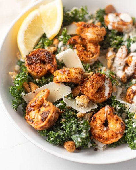 Healthy Kale Caesar Salad, Blackened Shrimp Caesar Salad, Kale Salad With Shrimp, Shrimp Salad Meal Prep, Caesar Salad With Shrimp, Kale Shrimp Salad, Shrimp And Kale Recipes, Shrimp Ceasar Salad Recipes, February Dinners