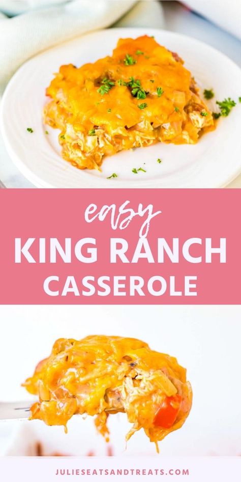 King Ranch Casserole is a delicious Tex Mex Casserole recipe that hails from Texas. It has layers of corn tortillas, cheese and creamy chicken filling loaded with peppers and green chiles. It's the perfect quick and easy dinner recipe or dish to bring to a potluck! #casserole #recipe Crock Pot King Ranch Chicken Casserole, King Ranch Chicken Casserole Easy Rotel, King Ranch Chicken Casserole No Canned Soup, Potluck Casserole, King Ranch Chicken Casserole Taste Of Home, King Ranch Chicken Casserole Allrecipes, Tex Mex Casserole, King Ranch Casserole, Baked Chicken Alfredo Pasta