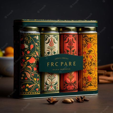 Premium AI Image | a box of spices with the word quot f r r quot on the front Indian Spices Packaging, Spice Packaging Design Ideas, Premium Tea Packaging, Spice Packaging Design, Tea Package Design, Business Gift Ideas, Spice Packaging, Spice Design, Tea Box Design