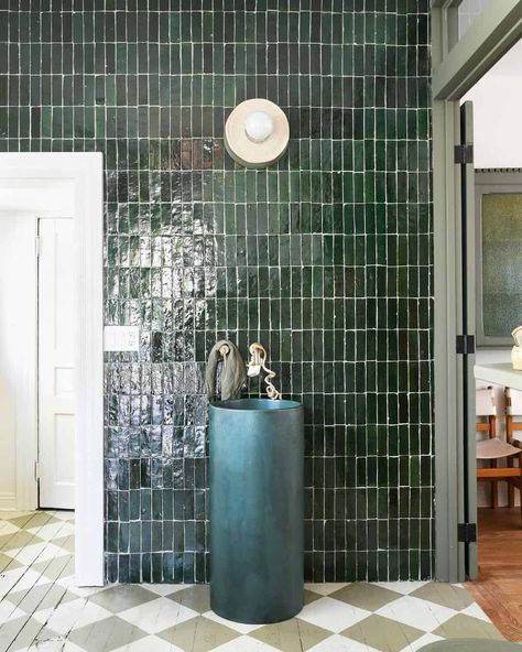 Dark Green Tile, Modern English Country, Best Bathroom Flooring, Ford Interior, Cle Tile, American Interior, Concrete Basin, Emily Henderson, Zellige Tile