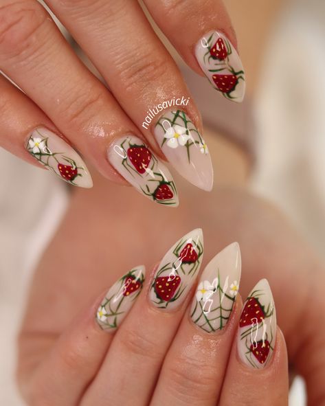 It’s berry season🕷️🕸️🍓 . . nails #nailusa #nailart #naildesign #nailsofInstagram #naildesigns #nailsoftheday #naildesignsideas #acrylic #acrylicnails #raleigh #durham #raleighnails #trend #trendynails #springnails #summernails #funnails #colorfulnails #strawberrynails #spidernails Movie Nails, Strawberry Halloween, Strawberry Nails, Season Nails, Sassy Nails, Goth Nails, Simple Gel Nails, Nail Stuff, Nail Sets