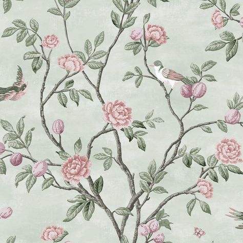 Eglantine Eau de Nil Wallpaper | Laura Ashley Wallpaper | Wallpaper It Peach Background, Graham & Brown, South Bank, A Wallpaper, Pattern Matching, Wallpaper Online, French Provincial, Designers Guild, Home Interiors