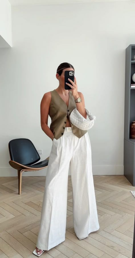 White Linen Tailored Pants, Timeless Italian Style, Menswear Vest Outfits, Green Linen Vest Outfit, Silk And Linen Outfit, Elevated Boho Style, Bungalow Photoshoot, Spring 23 Fashion Trends, Halter Dress Outfit