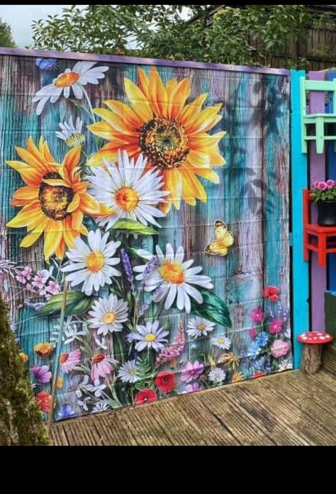 Shed Mural Ideas, Shed Mural, Garden Shed Mural Ideas, Backyard Shed Mural, Garden Shed Mural, Flower Mural On Shed, Painted Garden Sheds, Backyard Fence Decor, Garden Fence Art