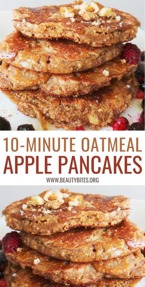 Healthy apple pancakes - great easy breakfast idea! These apple oatmeal pancakes are absolutely delicious and so easy to make - tasty clean eating breakfast recipe! Weight Watchers Oatmeal Apple Pancakes, Heart Healthy Pancake Recipes, Healthy Breakfast Snacks On The Go, Oatmeal Apple Yogurt Pancakes, Easy Breakfast With Oats, Health Clean Eating, Legume Breakfast Recipes, Apples Healthy Recipes, Healthy Pre Made Breakfast