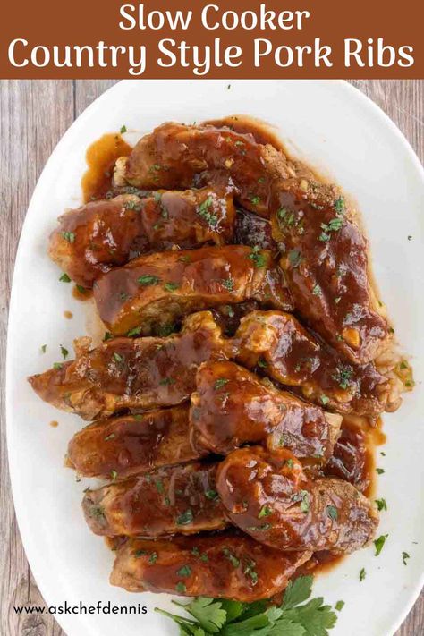 My Slow Cooker Country Style Pork Ribs are cooked low and slow until they're moist, delicious, and so tender that they almost melt in your mouth. Meatier than other ribs, and served with a barbecue sauce, they're a hearty meal your whole family will love! Boneless Pork Ribs Crockpot, Crockpot Country Style Ribs, Country Style Pork Ribs Crock Pot, Slow Cooker Pork Ribs, Pork Loin Ribs, Pork Shoulder Recipes, Slow Cooker Recipes Pork, Country Style Pork Ribs, Crockpot Ribs