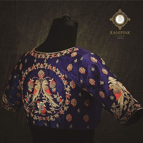 Ranipink Studio on Instagram • Photos and Videos Sari Designs, Parrot Design, Raw Silk Blouse, Zardosi Embroidery, Bridal Blouses, Computer Works, Embroidery Blouses, Blouses Designs, Maggam Work Designs