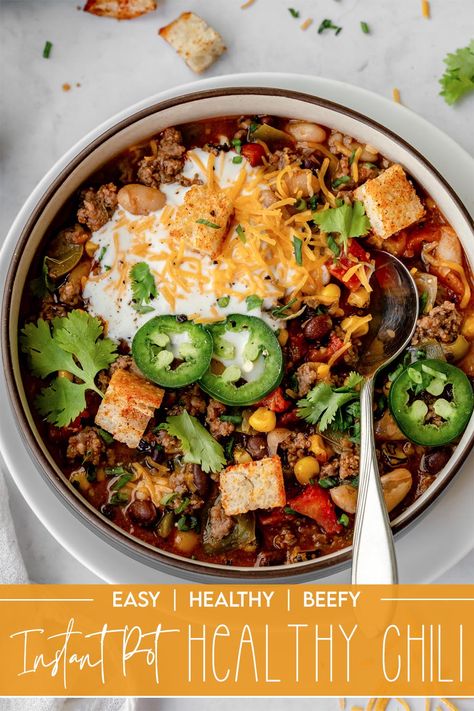 This Instant Pot Healthy Chili recipe is made with lean ground beef, two kinds of beans, and plenty of spices. It's easy and flavorful, plus made in one pot for an easy dinner. Great for tailgating or dinner on a cold night! Dairy-free and gluten-free. Healthy Chili Recipe, Instant Pot Healthy, Instant Pot Chili Recipe, Instant Pot Chili, Chili Recipe Healthy, Recipe Inspirations, Gluten Free Instant Pot, Healthy Chili, Kinds Of Beans