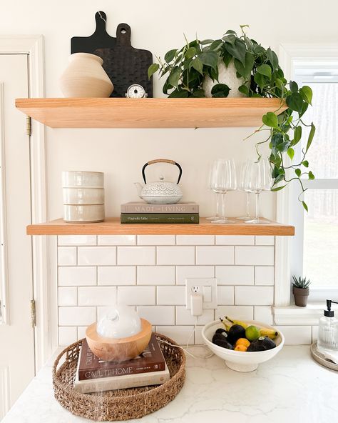 The shelves that are forever changing… Switched it up yesterday for a fresh look! Do you have shelving in your kitchen? Drop an emoji below if so! #kitchendesign #kitchen #floatingshelves #neutraldecor #minimalstyle #styleinspiration #decor Open Kitchen Shelf Styling, Decorating Open Shelves In Kitchen, Styling Open Shelves In Kitchen, Styling Kitchen Shelves, Kitchen Floating Shelves Decor, Scandinavian Shelves, Kitchen Shelf Styling, Floating Kitchen Shelves, Kitchen Floating Shelves