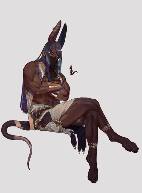 Black Sclera, Muscular Male, Anime Egyptian, Crossed Arms, Monster Boy, White Eyes, Character Design Male, Egyptian Art, Animal Ears