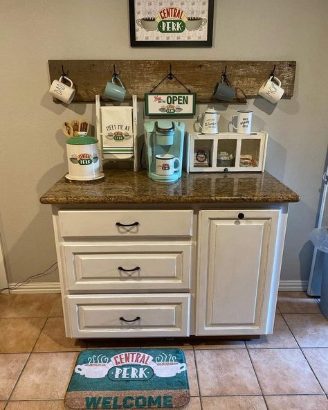 Central Perk Coffee Bar, Chic Farmhouse Decor, Coffee Bar Station, Coffee Bar Ideas, Farmhouse Coffee Bar, Mediterranean Style House Plans, Coffee Bars In Kitchen, Family Wall Decor, Coffee Nook