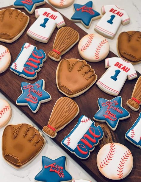 Birthday Cookies Decorated, Cookies Shortbread, Baseball Cookies, Baseball First Birthday, First Birthday Cookies, Shipping Cookies, Baseball Mitt, Baseball Birthday Party, 1st Birthday Themes