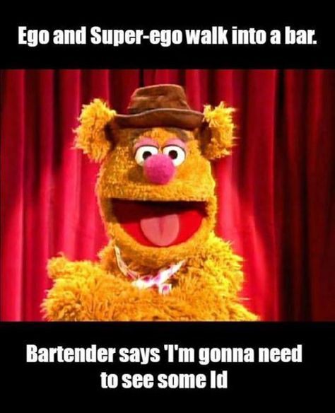 Ego & Superego walk into a bar. Psych Memes, Psychology Memes, Therapist Humor, Catholic Humor, Therapy Humor, Social Work Humor, Psychology Humor, Facebook Fail, Fozzie Bear