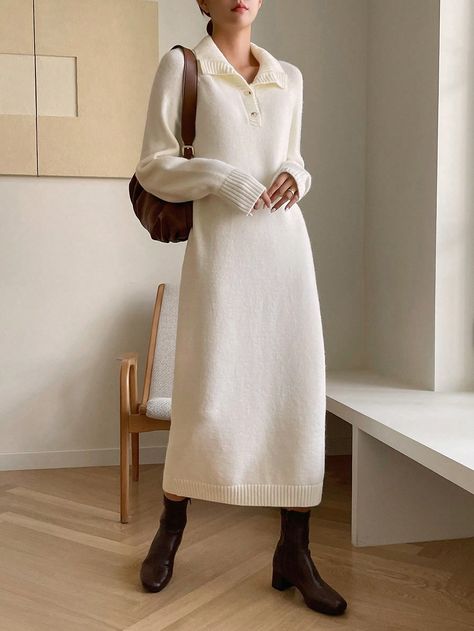 DAZY Polo Neck Raglan Sleeve Split Hem Sweater DressI discovered amazing products on SHEIN.com, come check them out! Sweater Midi Dress Outfit, Minimal Sweater, Beige Sweater Dress, Winter Maxi, Midi Dress Outfit, Hem Sweater, Fashion 2024, Sweater Dress Women, Sweater Dress Midi