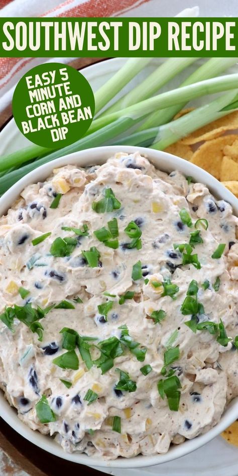 southwest dip in bowl topped with diced green onions Creamy Black Bean Dip, Sour Cream Mexican Dip, Southwest Dip Recipe, Southwest Dip, Sour Cream Corn, Dip For Chips, Chip Dip Recipes, Southwest Seasoning, Cream Cheese Recipes Dip