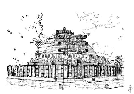 Sanchi Stupa Drawing, Buddhist Architecture Sketches, Sanchi Stupa Sketch, Stupa Drawing, Architecture Sheets, Academic Portfolio, Architecture Monument, Sanchi Stupa, Buddhist Architecture