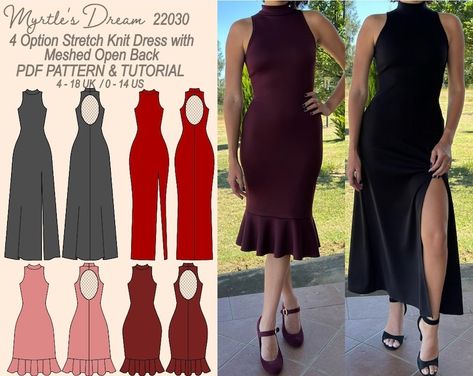 Pattern. Stretch knit dress with turtleneck and mesh open back. Easy to intermediate sewing project. Sizes 4–18 UK/0–14 US. Diy Goth Clothes, Dress With Turtleneck, Knit Dress Pattern, Sewing Projects Clothes, Stretch Knit Dress, Dress Patterns Free, Diy Clothes Design, Clothes Sewing Patterns, Diy Sewing Clothes