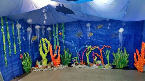 Submerged "Deep Sea Missions"  VBS 2016 Sea World Decoration School, Diy Under The Sea Decorations, Underwater Party Decorations, Scuba Vbs, Underwater Birthday, Pond Decorations, Underwater Party, Mermaid Pool Parties, Under The Sea Decorations