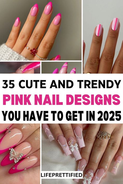 Pink nails acrylic, Pink nails ideas, Pink nails design, pink nails short, Pink nails with rhinestones, Pink nails almond, Pink nail inspo, Pink nail set. Easy Pink Nail Designs, Pink Nails With Black Design, Short Nails Ideas Pink, Pink Bday Nails, Nails Almond Pink, Cute Pink Nail Ideas, Perfect Pink Nails, Pink Glittery Nails, Pink Nail Inspiration